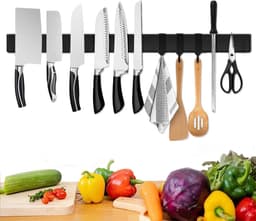Magneetstrip, 58.5 cm, messenhouder, magnetisch, met 3 haken, roestvrij staal, zelfklevend, zwarte wandhouder, magneetstrip, zonder boren, messenhouder — thumbnail 1