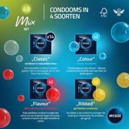 MY.SIZE Mix SET Maat 2, 49 mm: 10 Classic + 10 Condooms in 4 spannende soorten, met aroma, kleur, geribbeld & Classic — thumbnail 3