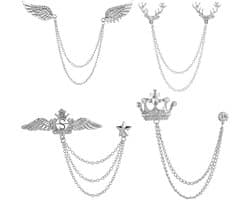 4 stuks hertenkop dubbele schakelkettingen, strass metalen veer reversspeld, kroon met hangende ketting broche kraag spelden, adelaar kristallen ketting broche pin voor stropdas hoed sjaal, Andere