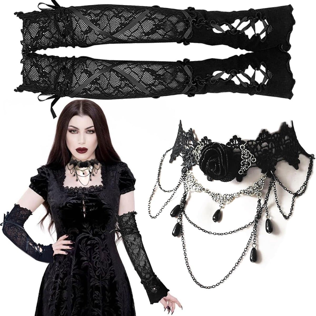 Handschoenen, Kant Handschoenen Zwart en Gothic Tattoo Chokers Roos Prom Opera Wanten Handschoenen voor Vrouwen en Meisjes Vingerloos Elleboog Lengte Vintage Mesh Handschoenen Lolita — afbeelding 1