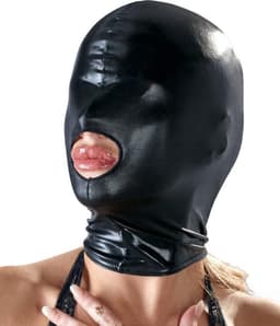 Bad Kitty – Bondage Masker met Mond Opening en Hoogglanzend Wet Look – Zwart — thumbnail 3