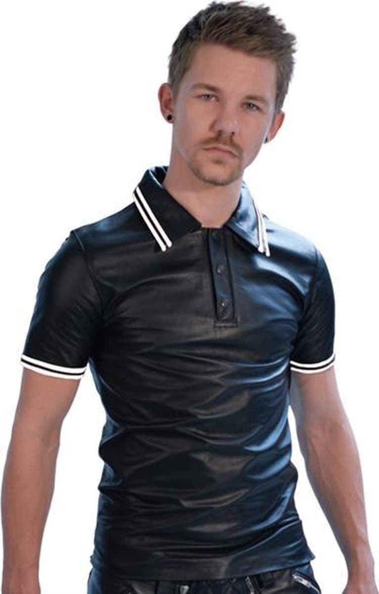 Mister B Leather Poloshirt White Stripe medium - xl — afbeelding 1