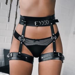 Nooitmeersaai - Harnas Vrouw - PU Leer - Harnas met Dikke Beenboeien - Zwart - BDSM - Bondage Harnas — thumbnail 2