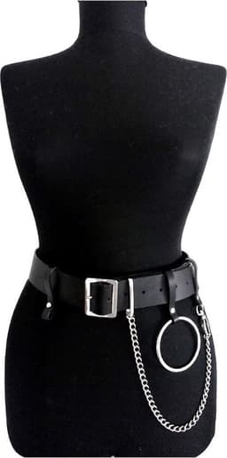 Nooitmeersaai - Harnas Vrouw - Leer - Brede Riem Met Ring en Ketting - Zwart - BDSM Extreme - Bondage Harnas — thumbnail 1