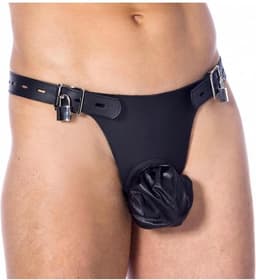 Rimba Bondage Play - Kuisheid Slip Voor Mannen Met Twee hangsloten - Leer - Verstelbaar - Zwart — thumbnail 1