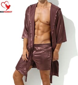 Satijnen Kimono Herenlingerie - Goud Bruine Kimono satijn - Heren nachtkleding - Erotisch - Glanzend - Badjas - Goede kwaliteit — thumbnail 3
