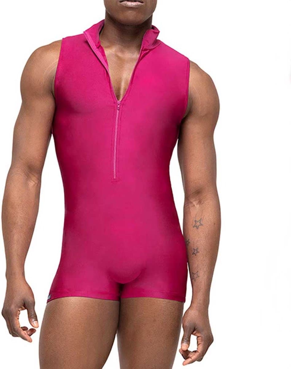 Heren Bodysuit – Mouwloos met Rits – Strakke Pasvorm – Roze – Stretch Outfit — afbeelding 1