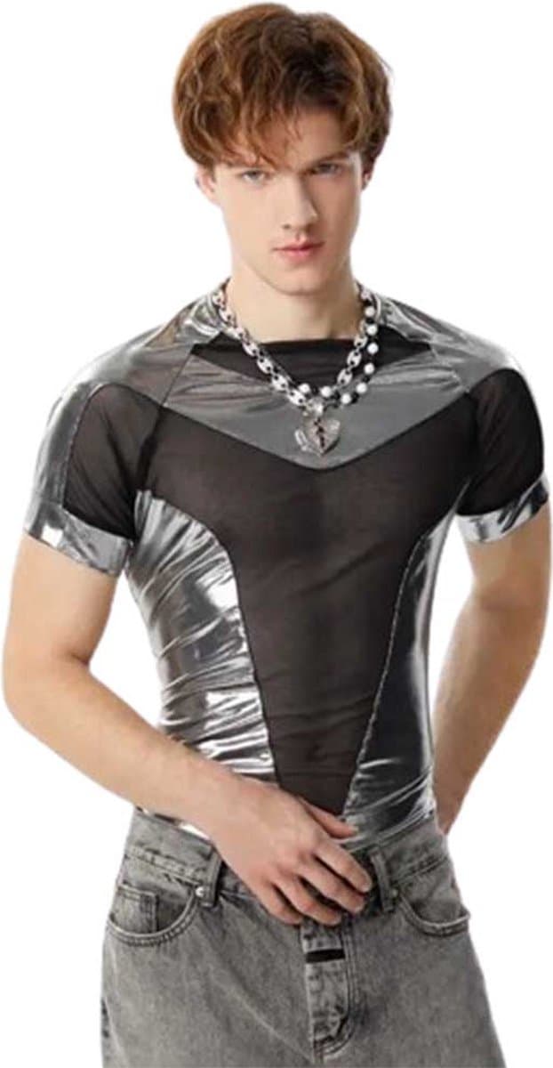 Heren Mesh Top – Zilver & Zwart – Sexy Transparant Shirt – Festival Outfit — afbeelding 1