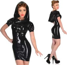 Porno erotiek jurk vrouwen - Latex wetlook - PVC Leder - Met capuchon - RedParrot - Mini jurk erotisch - Ritssluiting voorzijde — thumbnail 2
