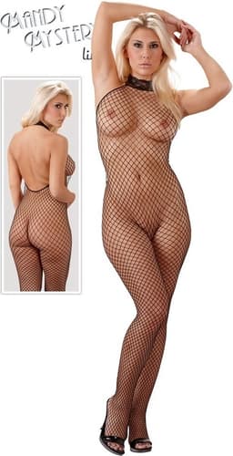 Mandy Mystery Lingerie – Catsuit met Open Netstof en Kanten Kraag voor Avonden - Maat M/L – Zwart — thumbnail 12