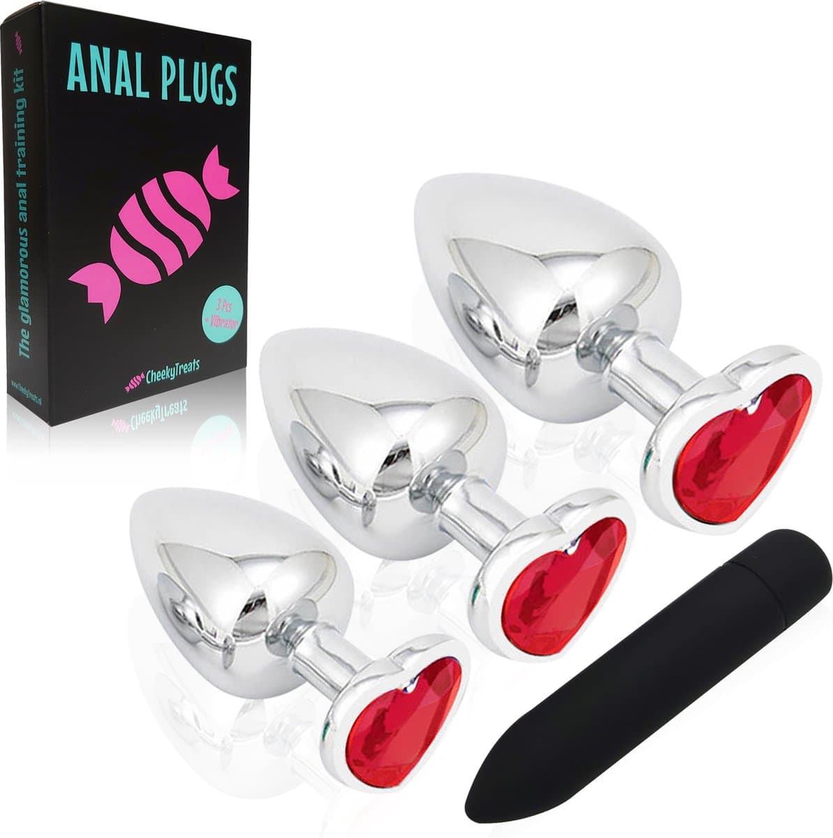 CheekyTreats Metalen Buttplug Set – 3-delig met Vibrator – Luxe Zwaar Model met Rode Kristal – Gepolijst Metaal – Voor Mannen en Vrouwen — afbeelding 1