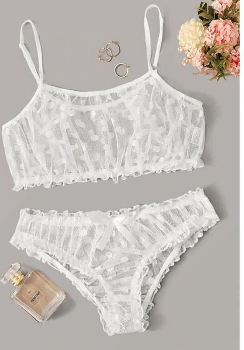 Finnacle - "Sexy Lingerie Erotische Ondergoed Wit Polka Dot Mesh Franje Trim Lace Lingerie Set Top Kant Onzichtbare Beha Voor Vrouwen" — afbeelding 1
