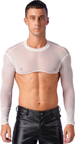 Erotische transparante mannen top - Crop - Sexy heren kleding - Rollenspel - BDSM - Festival - Zwart en Wit - Uitdagend — thumbnail 2