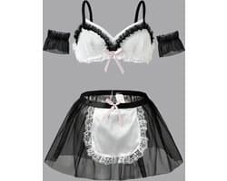 LekkerStout Dienstmeisje Kostuum - Beha, Mesh Rokje & Mouwboorden - Sexy Lingerie | L | ( LS050 )