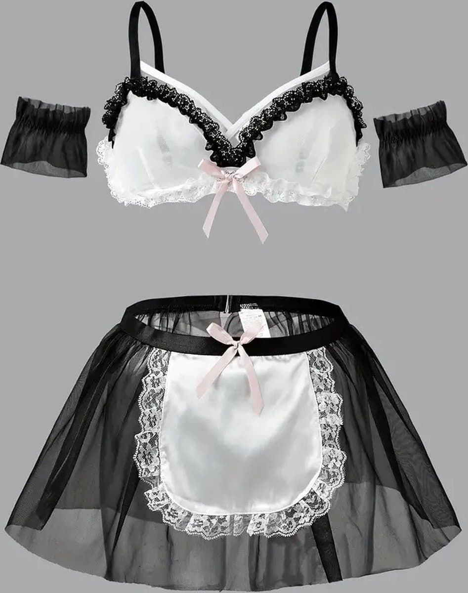 LekkerStout Dienstmeisje Kostuum - Beha, Mesh Rokje & Mouwboorden - Sexy Lingerie | L | ( LS050 ) — afbeelding 1