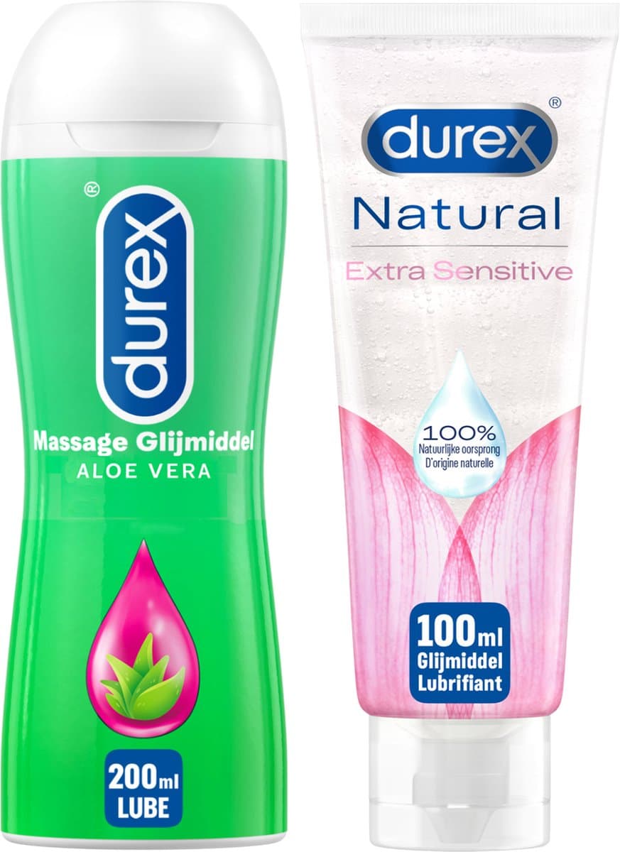 Durex - 2 Glijmiddelen - Voor Comfort En Genot - Waterbasis - Natural Extra Sensitive 100% natuurlijk 100ml - Massage olie en Glijmiddel Aloe Vera 2/1 200ml - Voordeelverpakking — afbeelding 1