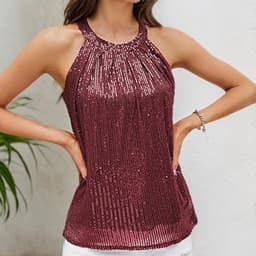 Halter Tank Tops voor Dames met Pailletten - Mouwloos, Sprankelend, Casual, Rimpels en Geschikt voor Feestjes en Avonden — thumbnail 5