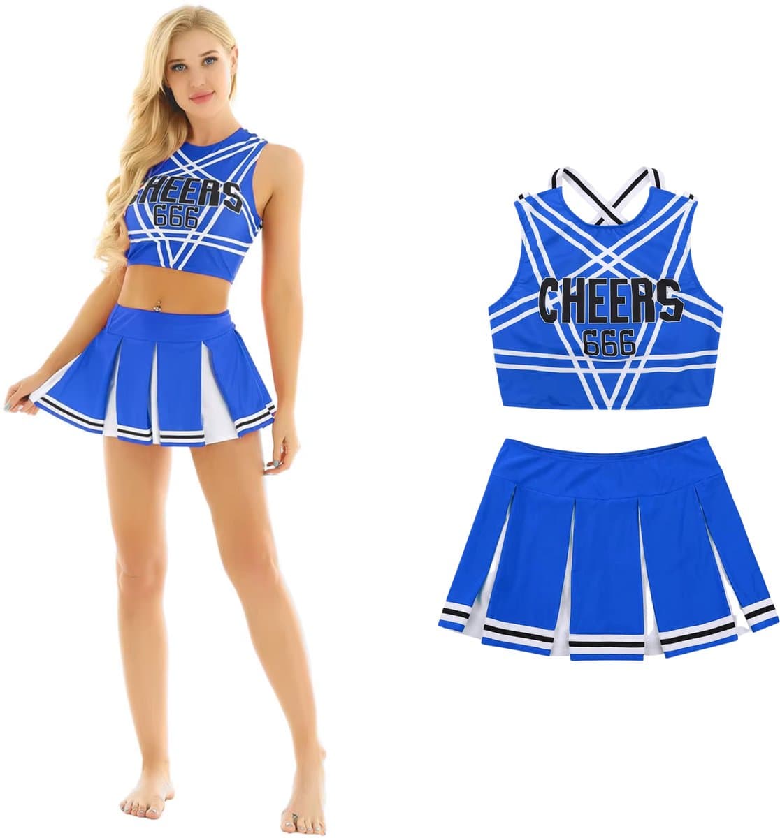 Sexy Cheerleader Kostuum - 2-delig Blauw Verkleedpakje - Rokje & Korte Top Met Open Rug - Rollenspel / Cosplay - Lingerie Ondergoed voor Dames - Maat M — afbeelding 1