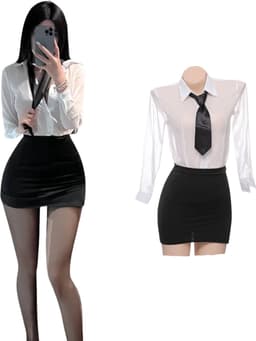 Sexy Secretaresse Kostuum - 4-delig Zwart-Wit Verkleedpakje - Blouse, Stropdas, Rok en String - Secretaresse / CEO / Baas / Docent / Lerares - Rollenspel / Cosplay - Lingerie Ondergoed voor Dames - Maat S/M — thumbnail 1