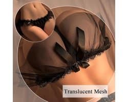 Dames string in rokstijl, sexy lingerie, slipje, mesh, tule, minirok, string, kant, laag uitgesneden ondergoed, transparante ruche, slipje (zwart)