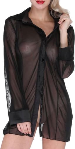 Sexy Transparant Shirt voor Dames - Lange Mouwen Blouse, Pyjama en Lingerie in Één, Ideaal voor Avondkleding en Speciale Gelegenheden — thumbnail 1