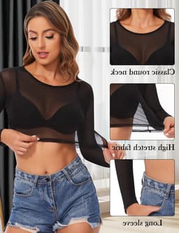 Transparante Sexy Crop Top van Mesh - Lange Tuniek Blouse voor Casual en Clubwear - Zwart T-shirt met Tulle en Ademend Design — thumbnail 4