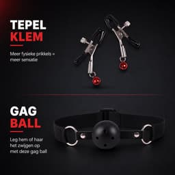 TJ Essentials 7 Delige BDSM Set – Bondageset – Sekspeeltjes – Zweep – Handboeien Halsband – Blinddoek – Gag Ball – Tepelklemmen – Zwart — thumbnail 5
