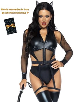 Latex Wetlook Bodysuit – Sexy 3-Delige Lingerieset Dames – Mesh Lingerie Erotisch – Zwarte Kinky Kitten – Rollenspel – Lingerie Erotisch – Inclusief Kattenoren – Leren PU Body – Leatherlook – Nachtkleding – BDSM – Clubwear – Wasteland – S, M, L, XL — thumbnail 8
