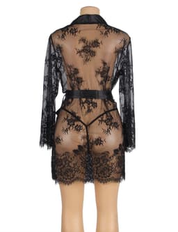 Zeloria Kanten Kimono Set met String – Transparante Sexy Nachtmode – Zwart – XL/XXL — thumbnail 11