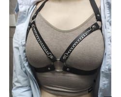 Nooitmeersaai - BH harnas met ketting - PU leer - Zwart - Verstelbaar