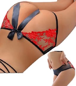 Sexy Slipje Met Open Billen I Met Strik I Sexy String I Erotisch Lingerie I Erotisch Ondergoed I One Size I Zwart/Rood — thumbnail 1
