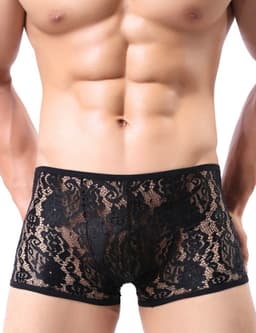 Zwarte Kanten Boxershort voor Mannen – Sexy Lange Pijpen Boxershort met Transparant Kant - Maat M - Black Transparent Lace Boxer Shorts for Men — thumbnail 1
