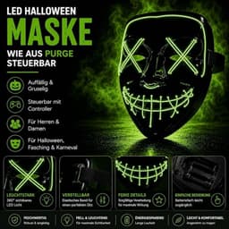 LED Halloween-masker in Purge-stijl, regelbare verlichting en oplichtend gezicht – Kostuum voor heren en dames voor Halloween, carnaval en verkleedfeesten (kleurenkeuze) — thumbnail 4