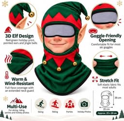 3D Print Balaclava Masker - Bivakmuts - Kerst Ski Masker - Facemask - Balaclava - Grappige Skimaskers - Unisex - Kerst skimasker voor buiten - Grappige cadeaus - Gezichtsmasker - voor Wintersport, Skiën, Kerst - Elfen — thumbnail 2