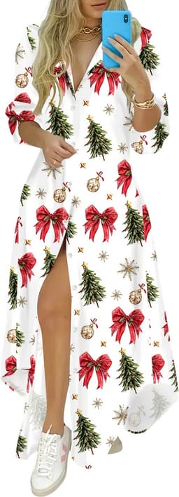 Dames Kerstjurk met Lange Mouwen – Kerstkleding Dames, Feestjurk met Kerstprint, Casual Jurk voor de Feestdagen - Maat XXL — thumbnail 1