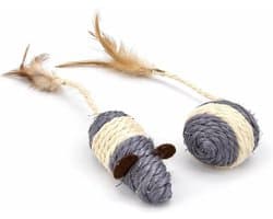 Muis 24 cm en bal 4 x 18 cm, sisal en veer, grijs wit