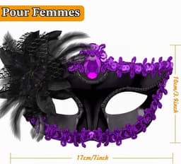 Set van 2 Venetiaanse maskers voor mannen en vrouwen – Voor Halloween, carnaval, feesten – Zwart en paars — thumbnail 5
