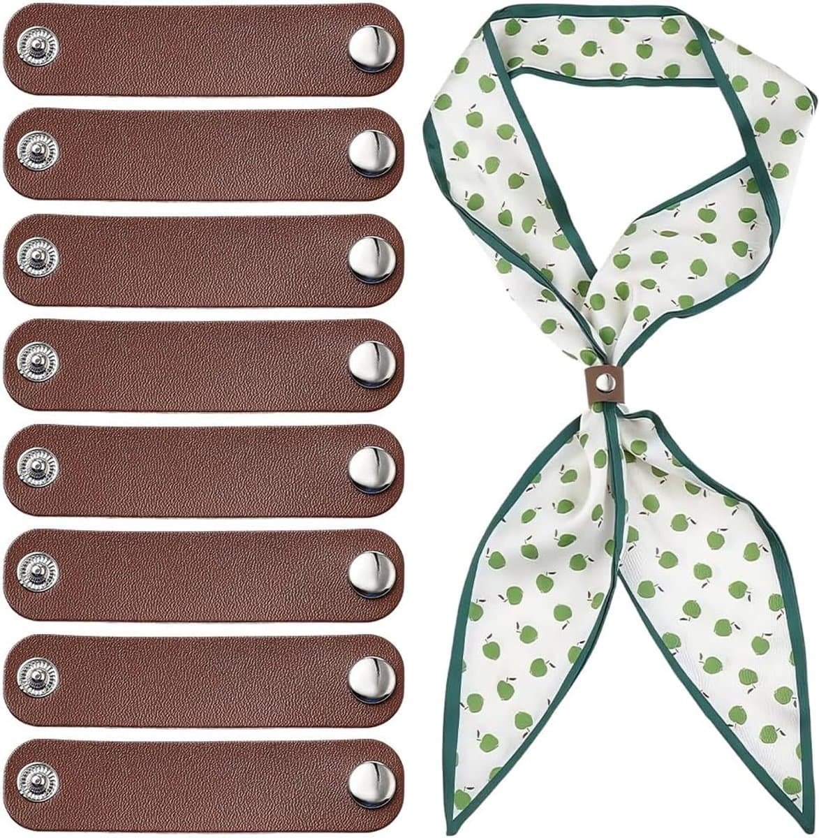 8 stuks Western zijden bandana, schuifsluiting, effen, PU-leer, sjaalhouder, clips, bruin, vintage, zilveren knoop, leer, sjaalgesp, ring voor stropdassen, bagagelabels, etiketten — afbeelding 1