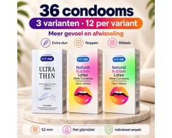 condoom mix pack –36 stuks –condooms met ribbels– condooms noppen – condooms extra dun – 3 varianten– condooms met glijmiddel – condooms 52mm – FiTONE