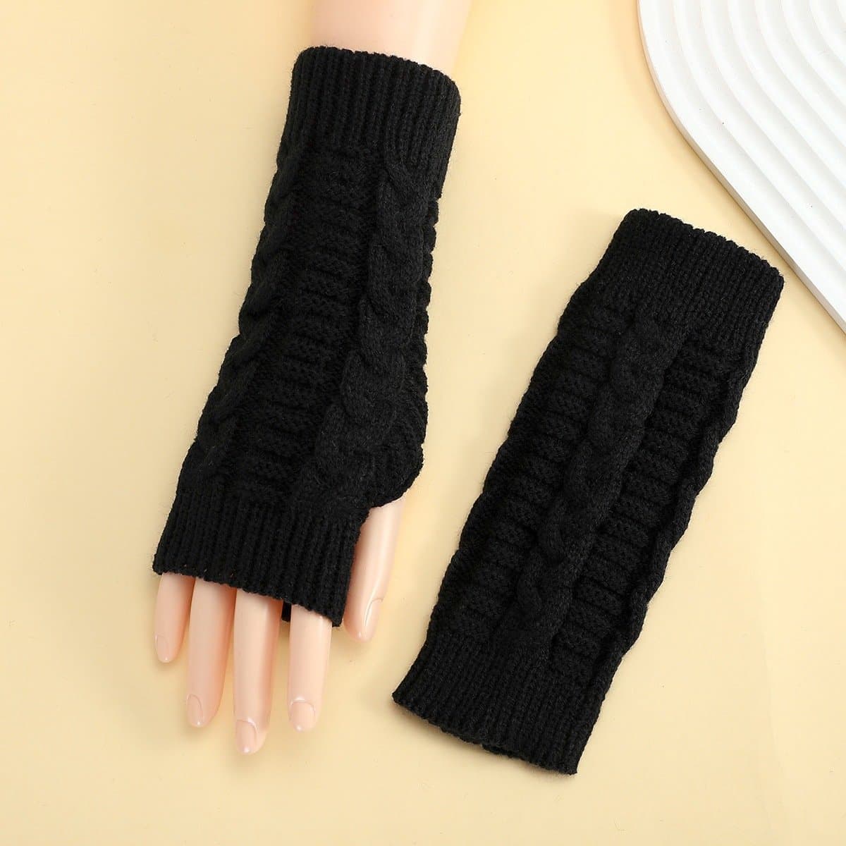 Dailygoods - Andiker Vingerloze winterhandschoenen voor dames, gebreide armwarmers met duimgat, zachte polshandschoenen, zwart, Eén maat — afbeelding 1