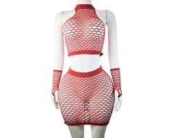 BamBella® - 3 delig - Onesize - Erotische sexy nacht rok set handschoenen steentjes Zwart doorzichtig kant - Super Stretch