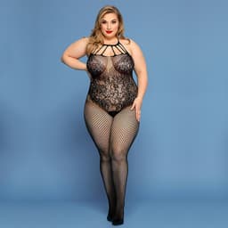 LekkerStout Plus Size Bodystocking - Zwart - Sexy Lingerie - Halter Visnet met Open Kruis - One Size XL-2XL | LS023 — thumbnail 2