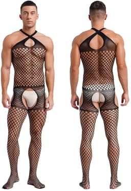 LekkerStout Heren Visnet Bodystocking - Zwart - Open Kruis - One Size M-XL | LS083 — thumbnail 1