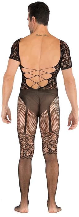 LekkerStout Heren Bodystocking - Zwart - Kant & Korte Mouwen - Open Rug - One Size M-XL | LS141 — thumbnail 4