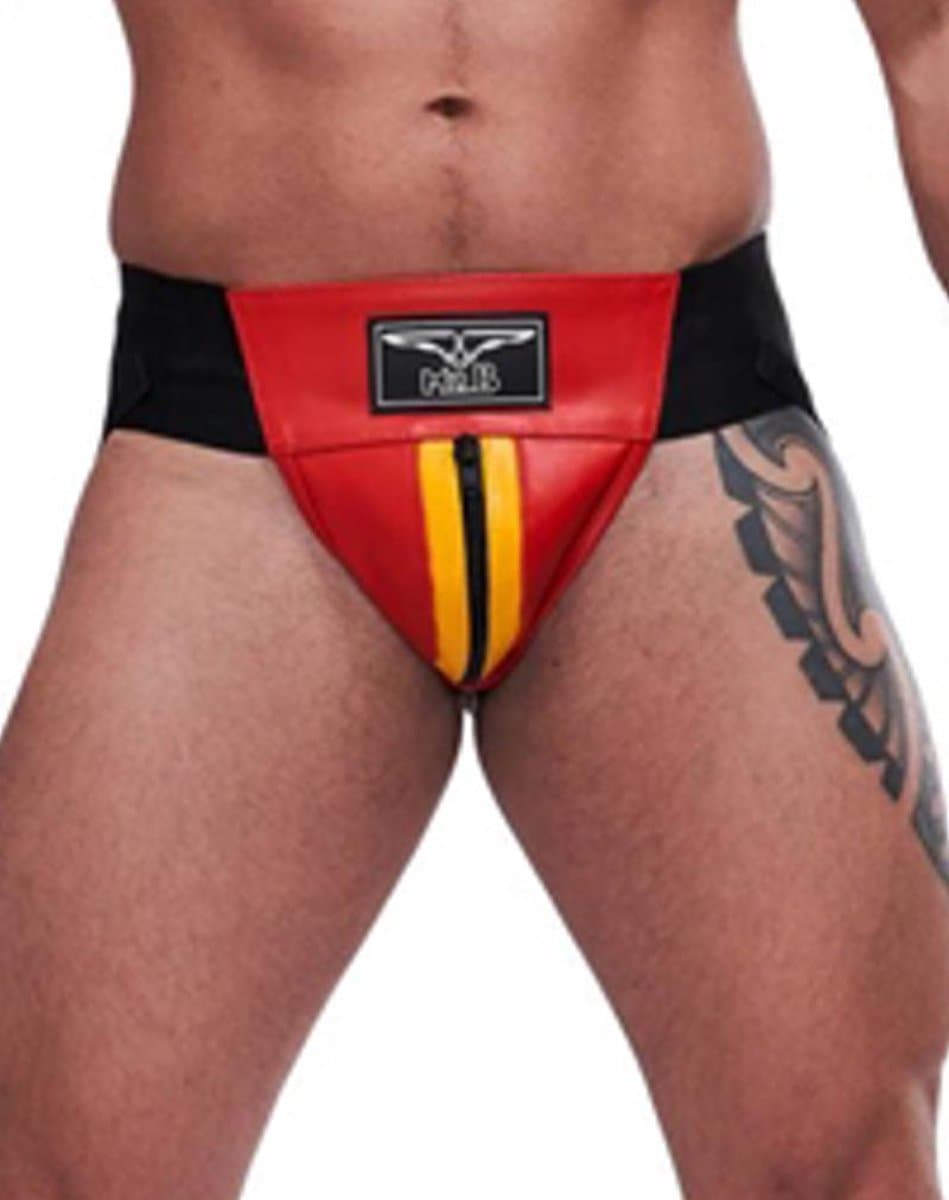 Mister B leren circuit jockstrap rood met gele bies - xs — afbeelding 1