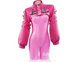 Luxe PU lederen cosplay set - Erotisch rollenspel - 5-delig - Roze - Bodysuit - Jas - Handschoenen - Sokken - Hairpins