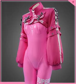 Luxe PU lederen cosplay set - Erotisch rollenspel - 5-delig - Roze - Bodysuit - Jas - Handschoenen - Sokken - Hairpins — thumbnail 2