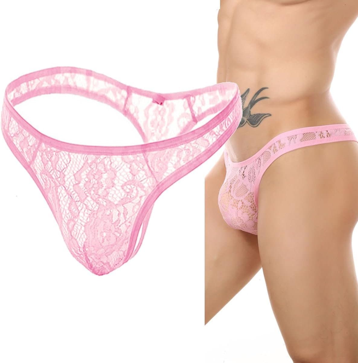 Transparante kanten herenslip en tanga ondergoed voor mannen, roze — afbeelding 1