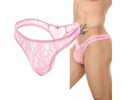 Transparante kanten herenslip en tanga ondergoed voor mannen, roze