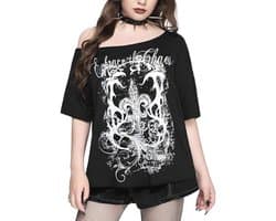 Gothic Off-Shoulder T-shirt voor Vrouwen - Punkstijl Grunge Top met Korte Mouwen